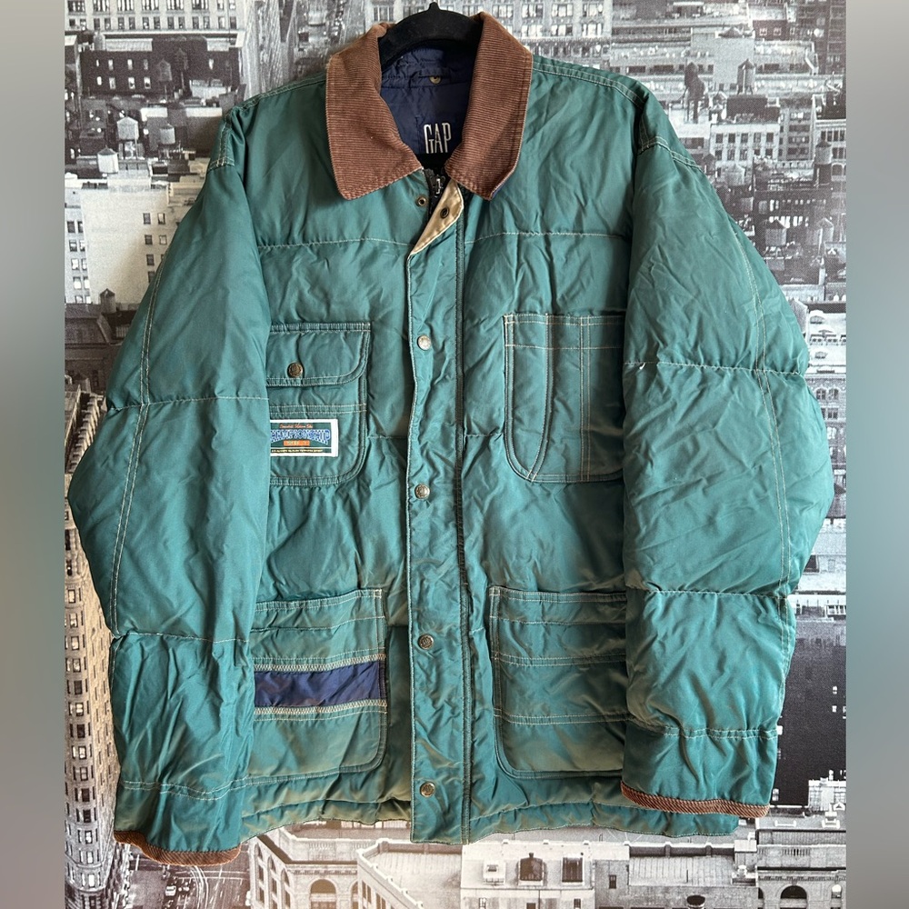 GAP Green Down Quilted Jacket Medium with Brown Collar 90s Ski Snow Bunny